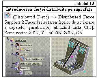 Text Box: Tabelul 10
Introducerea fortei distribuite pe suprafata
 (Distributed Force)  Distributed Force Supports 2 Faces [selectarea fetelor de actionare a capetelor suruburilor, utilizand tasta Ctrl]; Force vector X 0N, Y - 6000N, Z 0N; OK
 

