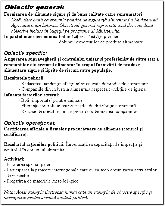 Text Box: Obiectiv general: 
Furnizarea de alimente sigure si de buna calitate catre consumatori
Nota: Este luata ca exemplu politica de siguranta alimentara a Ministerului Agriculturii din Letonia. Obiectivul general reprezinta unul din cele doua obiective incluse in bugetul pe programe al Ministerului.
Impactul macroeconomic: Imbunatatirea sanatatii publice
 Volumul exporturilor de produse alimentare 

Obiectiv specific: 
Asigurarea supravegherii si controlului unitar si profesionist de catre stat a companiilor din sectorul alimentar in scopul furnizarii de produse alimentare sigure si lipsite de riscuri catre populatie. 
Rezultatele politicii: 
- Reducerea incidentei afectiunilor cauzate de produsele alimentare 
 - Companiile din industria alimentara respecta conditiile de igiena Infuenta factorilor externi: 
- Boli 'importate' printre animale
- Eficienta controlului asupra retelei de distributie alimentara 
- Resurse de credit financiar pentru modernizarea companiilor 

Obiectiv operational: 
Certificarea oficiala a firmelor producatoare de alimente (control si certificare).

Rezultatul actiunilor politicii: Imbunatatirea capacitatii de inspectie si controlul in domeniul alimentar.

Activitati: 
- Instruirea specialistilor
- Participarea la proiecte internationale care au ca scop optimizarea activitatilor 
 de inspectie. 
- Pregatirea de materiale metodologice

Nota: Acest exemplu ilustreaza numai cate un exemplu de obiectiv specific si operational pentru aceasta politica publica.

