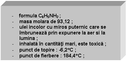 Text Box: 
 - formula C6H5NH2 ;
- masa molara de 93,12 ;
- ulei incolor cu miros puternic care se imbruneaza prin expunere la aer si la lumina ;
- inhalata in cantitati mari, este toxica ;
- punct de topire : -6,2C ;
- punct de fierbere : 184,4C ;
- miscibila cu etanolul, eterul etilic si benzenul ;
- solubila in majoritatea solventilor organici ;
- antrenabila cu vapori de apa. 
