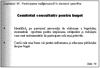 Text Box: Capitolul VII : Participarea cetateneasca in domenii specifice


Comitetul consultativ pentru buget


. Identifica, pe parcursul procesului de elaborare a bugetului, momentele oportune pentru implicarea cetatenilor si stabileste care sunt instrumentele de participare cele mai potrivite. 

. Cauta cele mai bune cai pentru informarea si educarea publicului despre buget.




Slide 18
