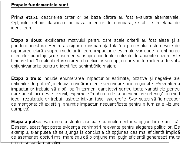 Text Box: Etapele fundamentale sunt:

Prima etapa: descrierea criteriilor pe baza carora au fost evaluate alternativele. Optiunile trebuie clasificate pe baza criteriilor de comparatie stabilite in etapa de identificare.

Etapa a doua: explicarea motivului pentru care acele criterii au fost alese si a ponderii acestora. Pentru a asigura transparenta totala a procesului, este nevoie de raportarea clara asupra modului in care impacturile estimate vor duce la obtinerea diferitelor punctaje si de asemenea asupra ponderilor utilizate. In anumite cazuri, este bine de luat in calcul reformularea obiectivelor sau optiunilor sau formularea de sub-optiuni/variante pentru a identifica schimbarile majore.

Etapa a treia: include enumerarea impacturilor estimate, pozitive si negative ale optiunilor de politica, inclusiv a oricaror efecte secundare neintentionate. Prezentarea impacturilor trebuie sa aiba loc in termeni cantitativi pentru toate variabilele pentru care acest lucru este fezabil, exprimate in abateri de la scenariul de referinta. In mod ideal, rezultatele ar trebui ilustrate intr-un tabel sau grafic. S-ar putea sa fie necesar de mentionat ca exista si anumtie impacturi necuantificate pentru a furniza o viziune completa.

Etapa a patra: evaluarea costurilor asociate cu implementarea optiunilor de politica. Deseori, acest fapt poate evidentia schimbari relevante pentru alegerea politicilor. De exemplu, s-ar putea sa se ajunga la concluzia ca optiunea cea mai eficienta implica de asemenea costuri mai mare sau ca o optiune mai putin eficienta genereaza multe efecte secundare pozitive. 
