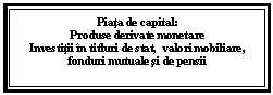 Text Box: Piata de capital:
Produse derivate monetare
Investitii in titluri de stat,  valori mobiliare, fonduri mutuale si de pensii



