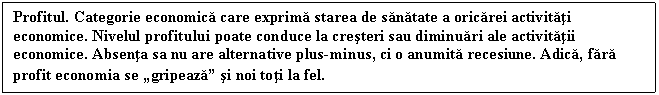 Text Box: Profitul. Categorie economica care exprima starea de sanatate a oricarei activitati economice. Nivelul profitului poate conduce la cresteri sau diminuari ale activitatii economice. Absenta sa nu are alternative plus-minus, ci o anumita recesiune. Adica, fara profit economia se gripeaza si noi toti la fel.