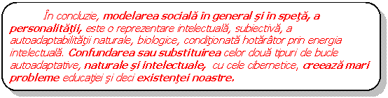 Rounded Rectangle: In concluzie, modelarea sociala in general si in speta, a personalitatii, este o reprezentare intelectuala, subiectiva, a autoadaptabilitatii naturale, biologice, conditionata hotarator prin energia intelectuala. Confundarea sau substituirea celor doua tipuri de bucle autoadaptative, naturale si intelectuale, cu cele cibernetice, creeaza mari probleme educatiei si deci existentei noastre.

