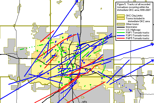 Figure #5: Tracks of all recorded tornadoes occurring wholly or partly within the immediate Oklahoma City, Oklahoma area, 1890-2008.