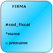 Flowchart: Alternate Process:         FIRMA

#cod_fiscal
*nume
o	prenume
*adresa
*nr_tel

