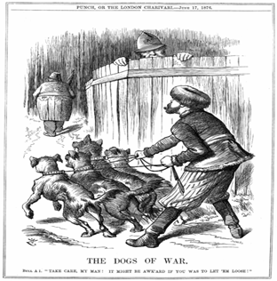 Rusia pregatindu-se sa elibereze cainii razboiului balcanic, in timp ce Regatul Unit o avertizeaza sa aiba grija. Caricatura din revista Punch din 17 iunie 1876.png