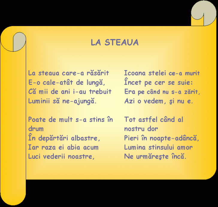 Horizontal Scroll: LA STEAUA 


La steaua care-a rasarit Icoana stelei ce-a murit
E-o cale-atat de lunga, Incet pe cer se suie:
Ca mii de ani i-au trebuit Era pe cand nu s-a zarit,
Luminii sa ne-ajunga. Azi o vedem, si nu e.

Poate de mult s-a stins in Tot astfel cand al drum nostru dor 
In departari albastre, Pieri in noapte-adanca,
Iar raza ei abia acum Lumina stinsului amor
Luci vederii noastre, Ne urmareste inca.

 
 
 
 

 
 
 


