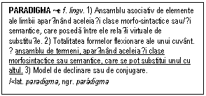 Text Box: PARADGMA ~e f. lingv. 1) Ansamblu asociativ de elemente ale limbii aparținand aceleiași clase morfo-sintactice sau/și semantice, care poseda intre ele relații virtuale de substituție. 2) Totalitatea formelor flexionare ale unui cuvant. ◊ ansamblu de termeni, aparținand aceleiași clase morfosintactice sau semantice, care se pot substitui unul cu altul. 3) Model de declinare sau de conjugare. /<lat. paradigma, ngr. pardigma