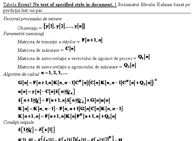 Text Box: Tabela 11.1 Rezumatul filtrului Kalman bazat pe predictia intr-un pas.
Vectorul procesului de intrare
 Observatii = 
Parametrii cunoscuti
 Matricea de tranzitie a starilor = 
 Matricea de masurare = 
 Matricea de autocorelatie a vectorului de zgomot de proces = 
 Matricea de autocorelatie a zgomotului de masurare = 
Algoritm de calcul 
 
 
 
 
 
Conditii initiale
 
 

