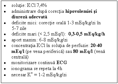 Text Box: . solutie: KCl 7,4%
. administrare dupa corectia hipovolemiei si diureza adecvata
. deficite mici: corectie orala 1-3 mEq/kg/zi in 
5-7 zile
. deficite mari (< 2,5 mEq/l): 0,3-0,5 mEq/kg/h
. aport maxim: 6-8 mEq/kg/zi
. concentratia KCl in solutia de perfuzie: 20-40 mEq/l (pe vena periferica) sau 80 mEq/l (vena centrala)
. monitorizare continua ECG
. ionograma se repeta la 4h
. necesar K+ = 1-2 mEq/kg/zi
