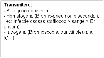 Text Box: Transmitere: 
- Aerogena (inhalare)
- Hematogena (Bronho-pneumonie secundara 
 ex: infectie osoasa stafilococ-> sange-> Br-pneum)
- Iatrogena (Bronhoscopie; punctii pleurale; IOT )
