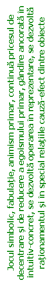 Text Box: Jocul simbolic, fabulatie, animism primar, continua pricesul de decentrare si de reducere a egoismului primar, gandire ancorata in intuitiv-concret, se dezvolta operarea in reprezentare, se dezvolta rationamentul si in special relatiile cauza-efect dintre obiecte