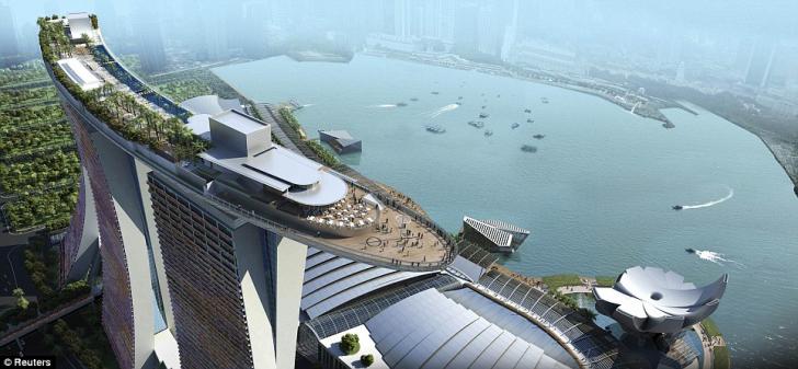 The view over the side: An artist's impression shows the Skypark that tops the Marina Bay Sands hotel towers, including the infinity pool